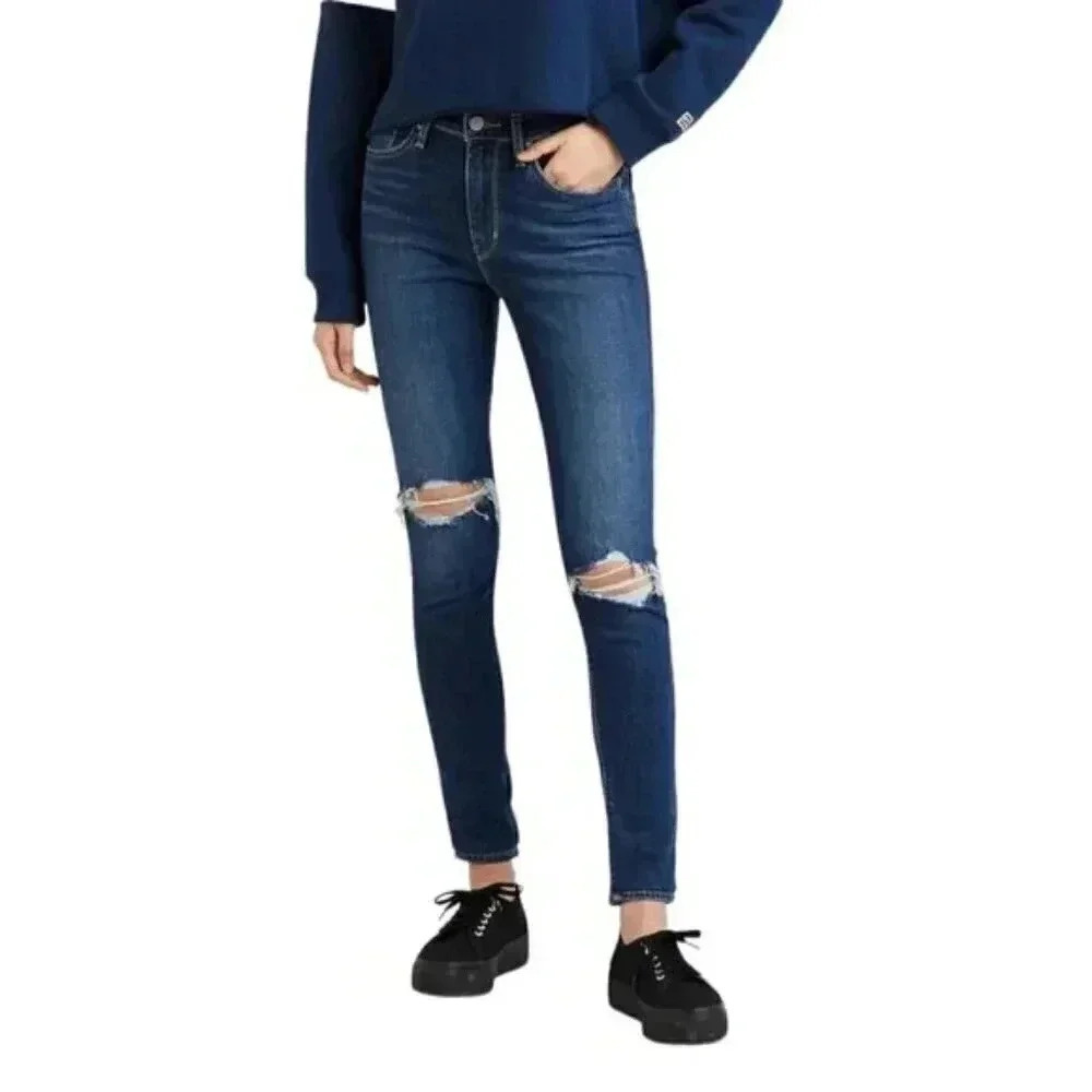 Levi's 721 High Rise Skinny Premium Jeans Blue Ripped Distressed Dark  Wash 28